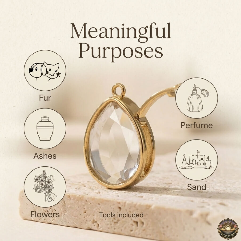 Gold locket with icons and text on a beige background