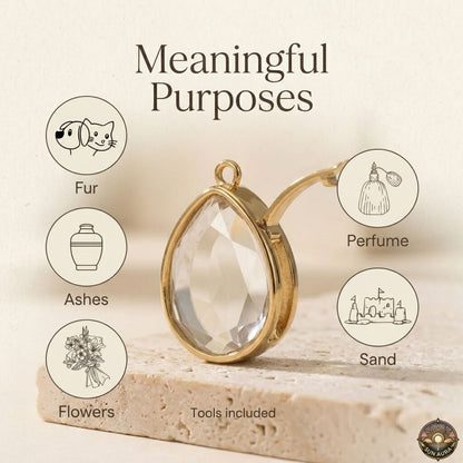 Gold locket with icons and text on a beige background