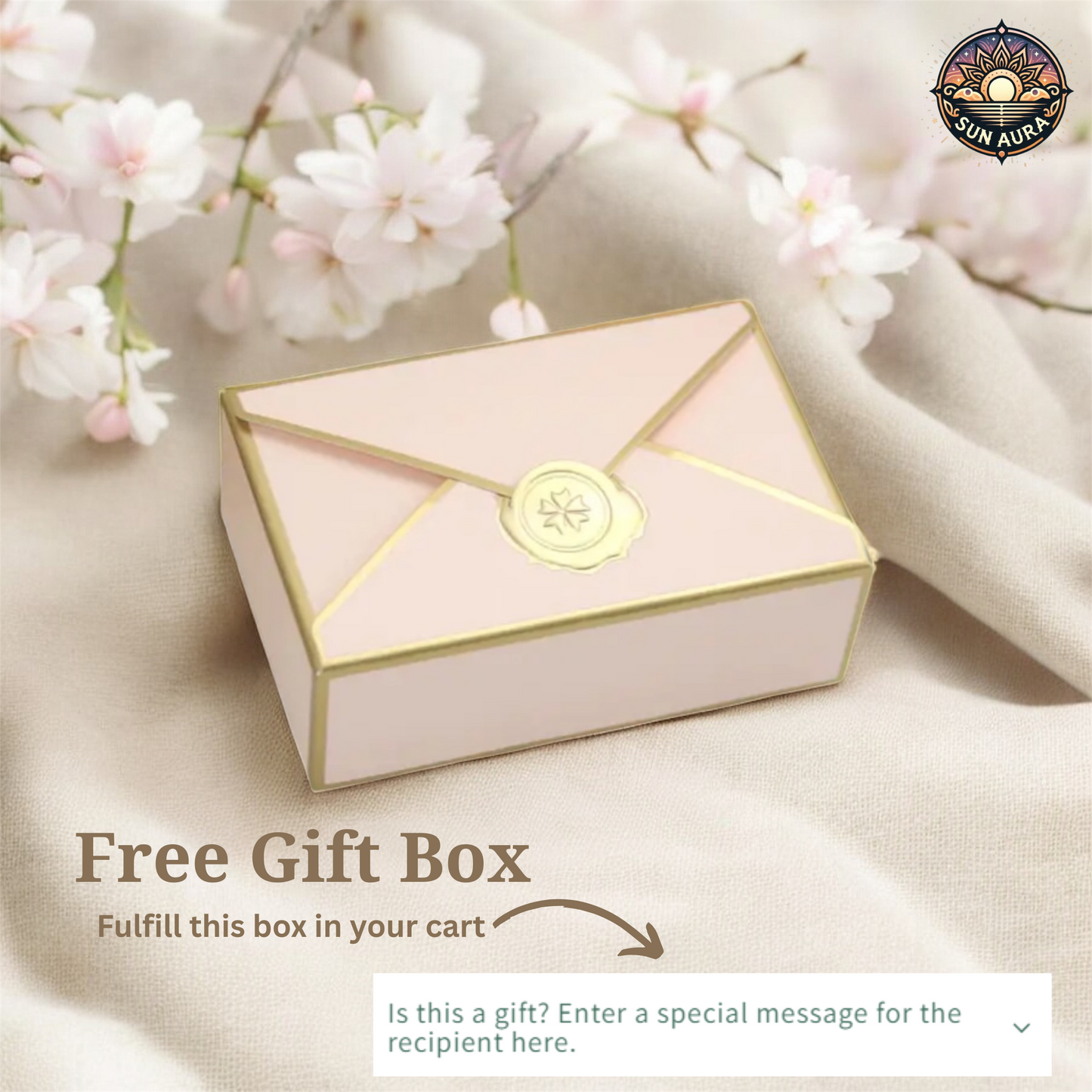 Free gift box with gold accents on a soft fabric background with flowers