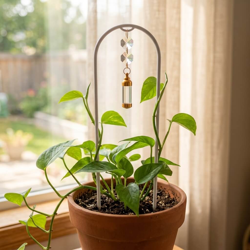 Potted plant with a decorative metal stand in front of a window with curtains.