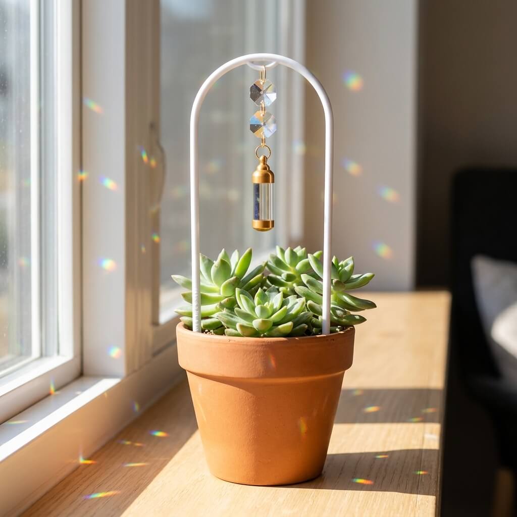 Potted succulent plant on a windowsill with decorative hanging lantern