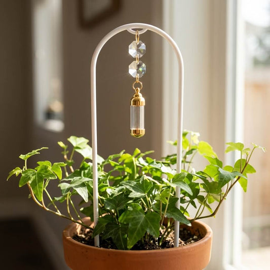 Potted plant with a decorative hanging crystal ornament indoors