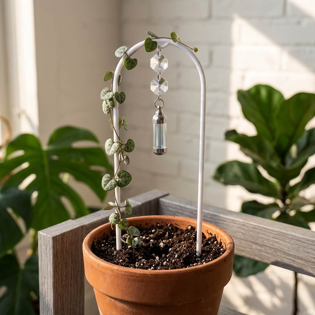 Potted plant with a decorative hanging crystal on a wooden surface