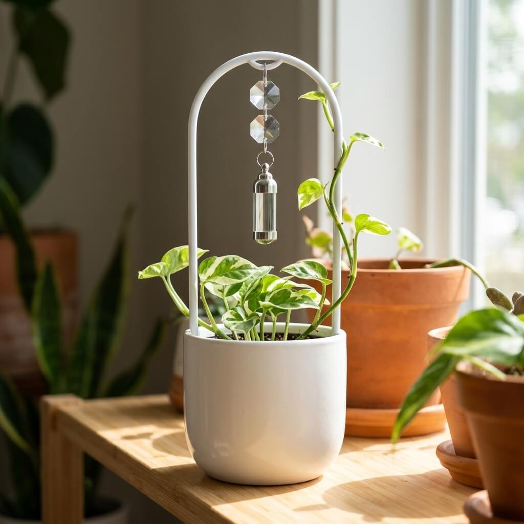 Decorative indoor plant with a crystal hanging ornament on a wooden table.
