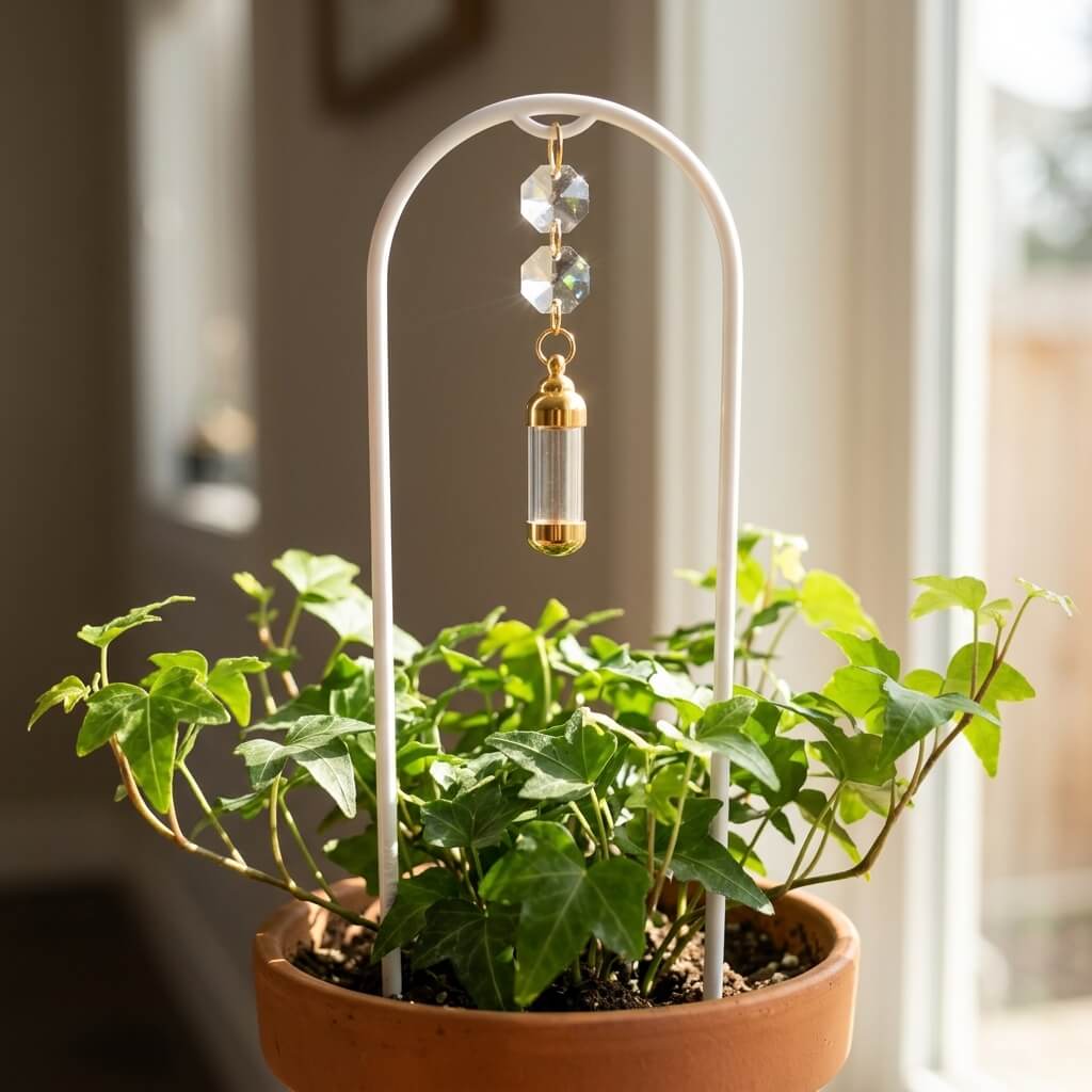 Potted plant with a decorative hanging crystal ornament indoors