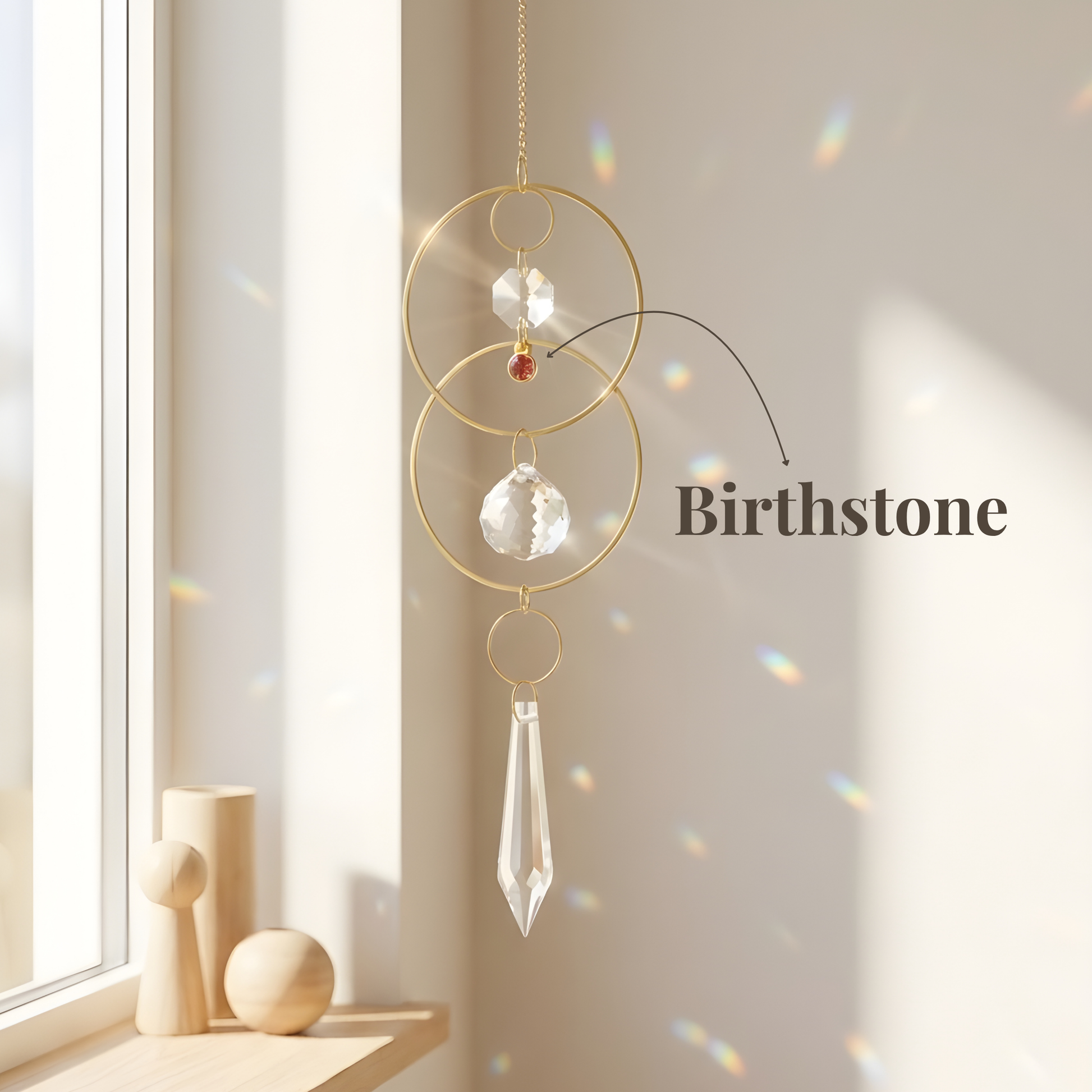 Decorative hanging crystal with 'Birthstone' text in a bright room.