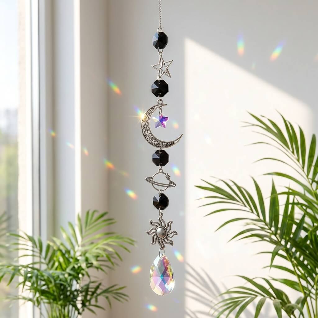Decorative hanging crystal with celestial designs in a bright room with plants.