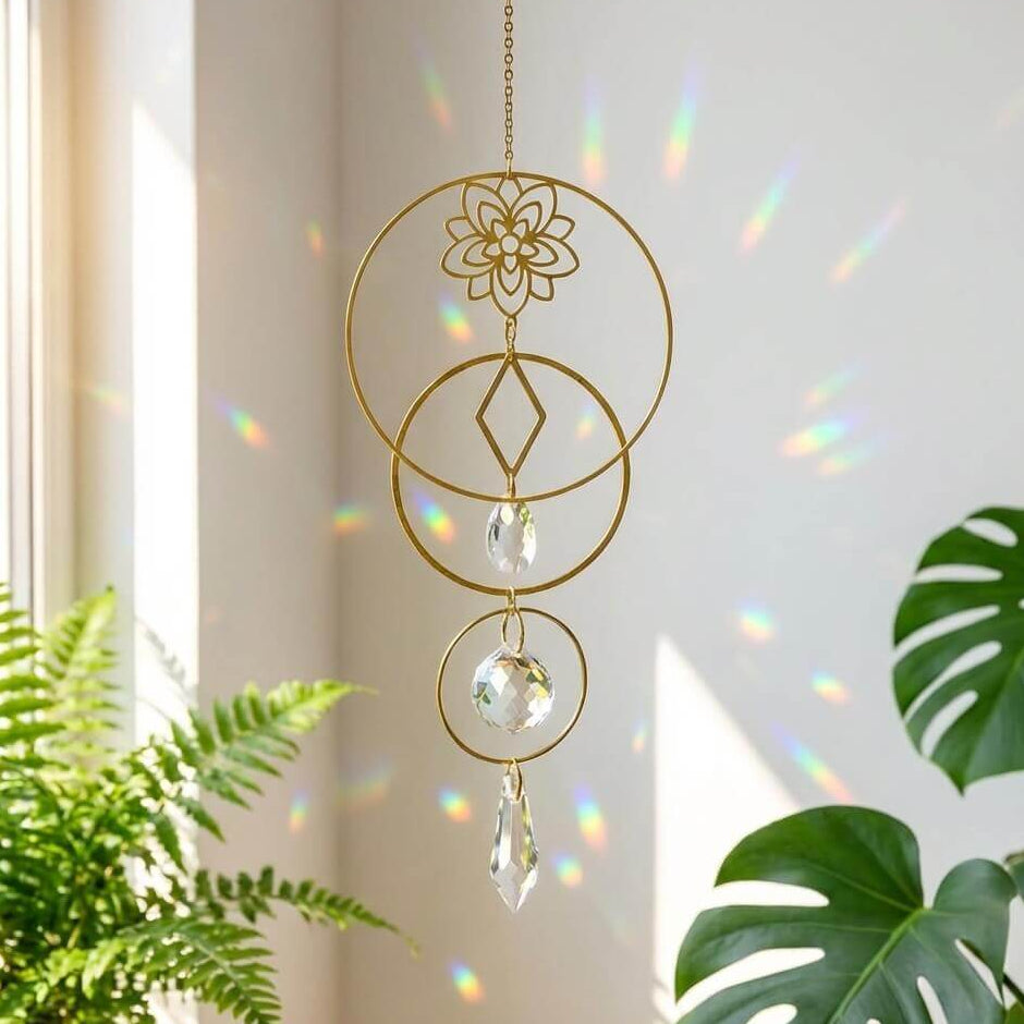 Decorative hanging crystal with geometric design in front of a window with plants.