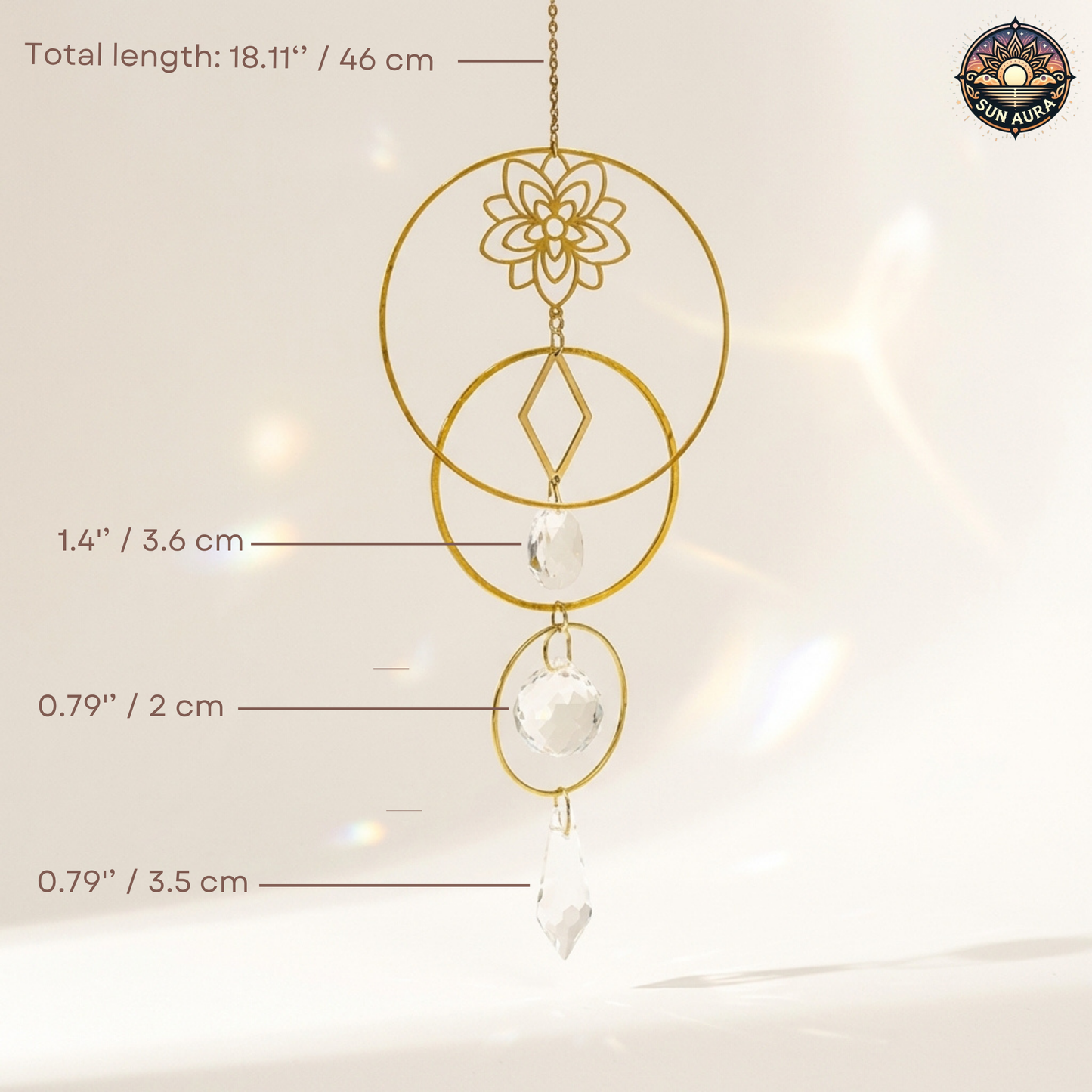 Decorative hanging ornament with measurements on a light background