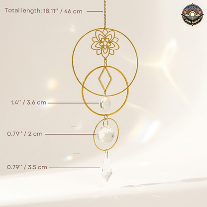 Decorative hanging ornament with measurements on a light background