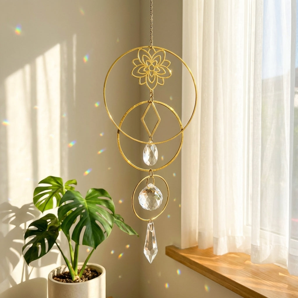 Decorative gold hanging ornament with crystals in a room with a plant and window.