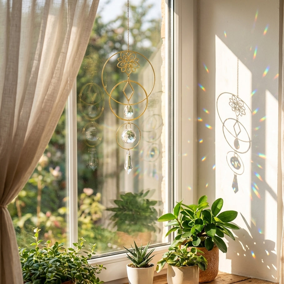 Decorative hanging mobiles and potted plants on a windowsill with sunlight filtering through.