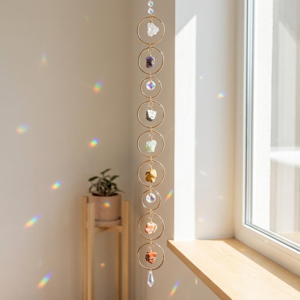 Decorative hanging crystal chain with rainbow effects in a room with a window and plant.