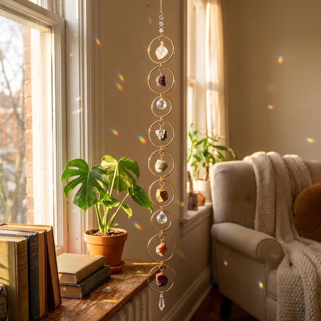Decorative hanging crystal chain in a cozy living room with books and a plant.