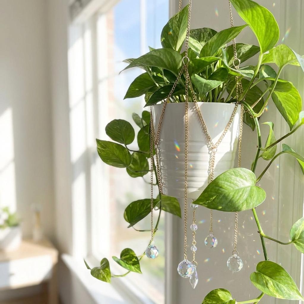 Hanging plant with decorative macrame holder in a bright room