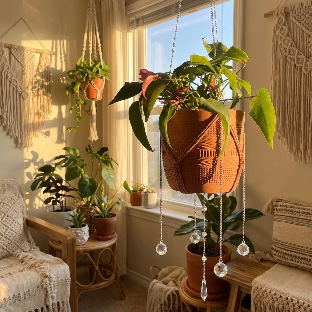 Cozy room with plants, macrame hangings, and a window.