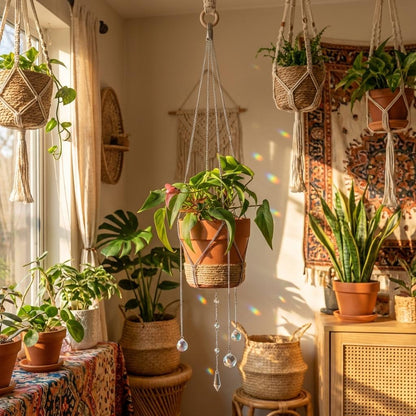Indoor setting with hanging plants and a colorful rug.