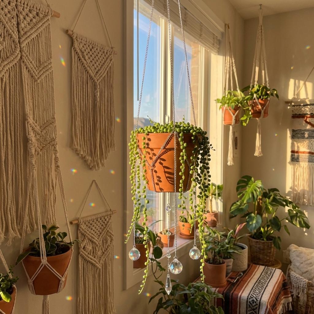 Indoor setting with hanging plants and macrame wall art