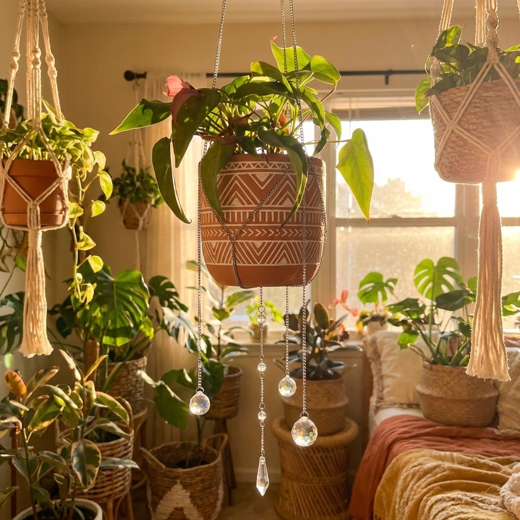 Hanging plants in decorative pots with macrame hangers in a cozy room.