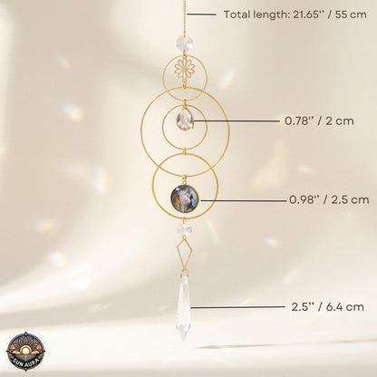 Decorative hanging ornament with measurements on a neutral background