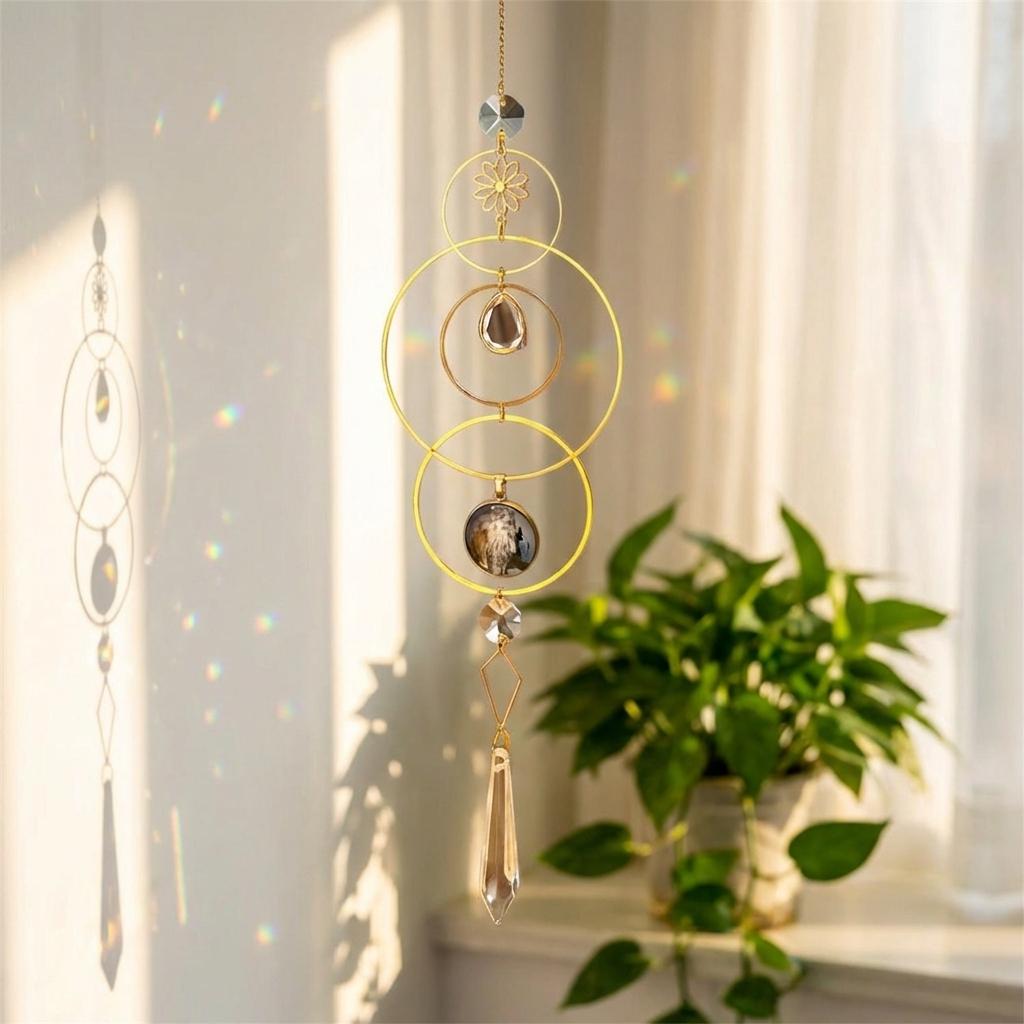 Decorative hanging crystal with circular designs in a bright room with a plant.