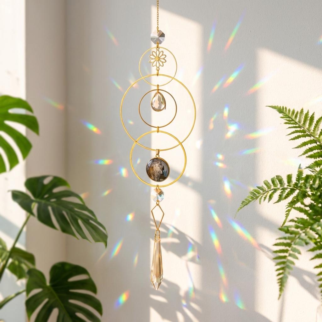 Decorative hanging crystal with rainbow effect on a light background