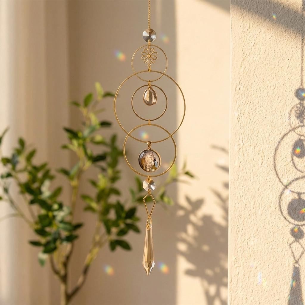 Decorative gold hanging ornament with crystal elements against a neutral background