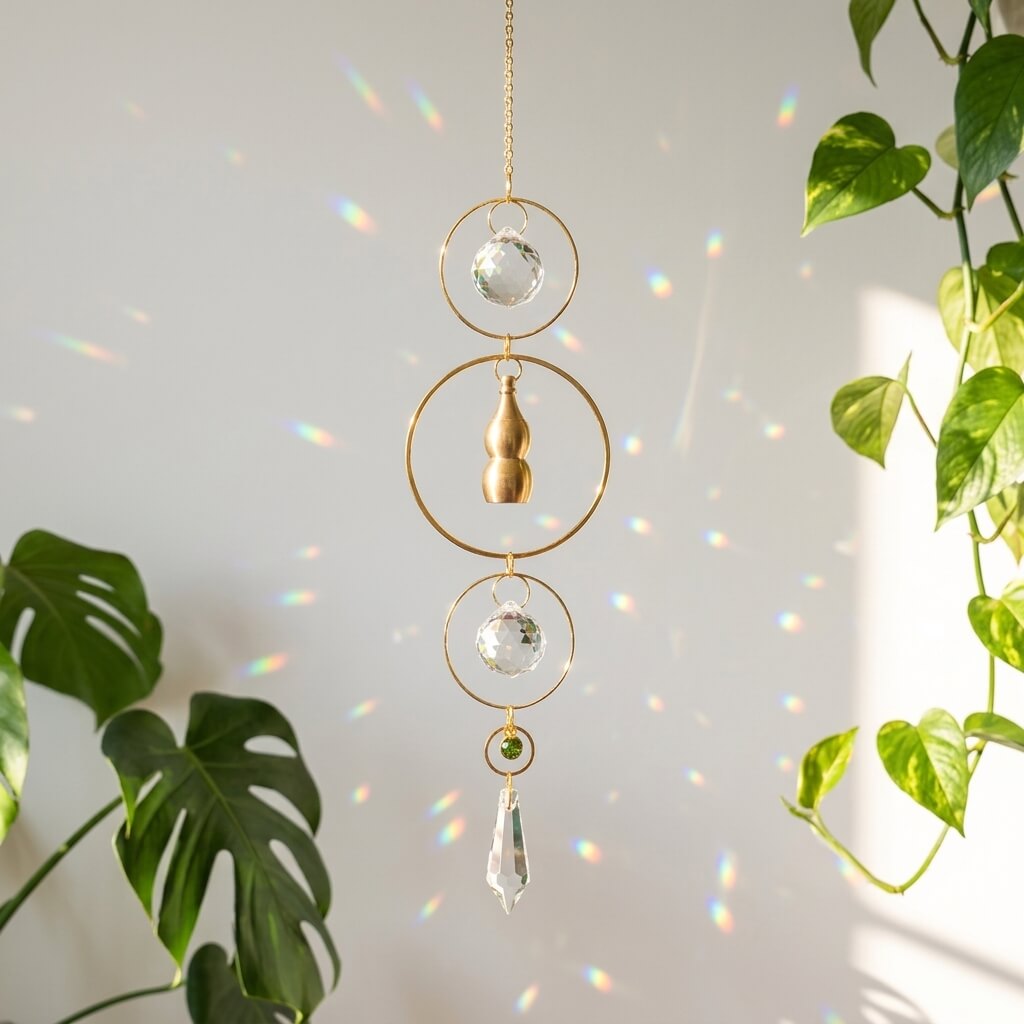 Decorative hanging crystal with gold accents on a light gray background with plants.