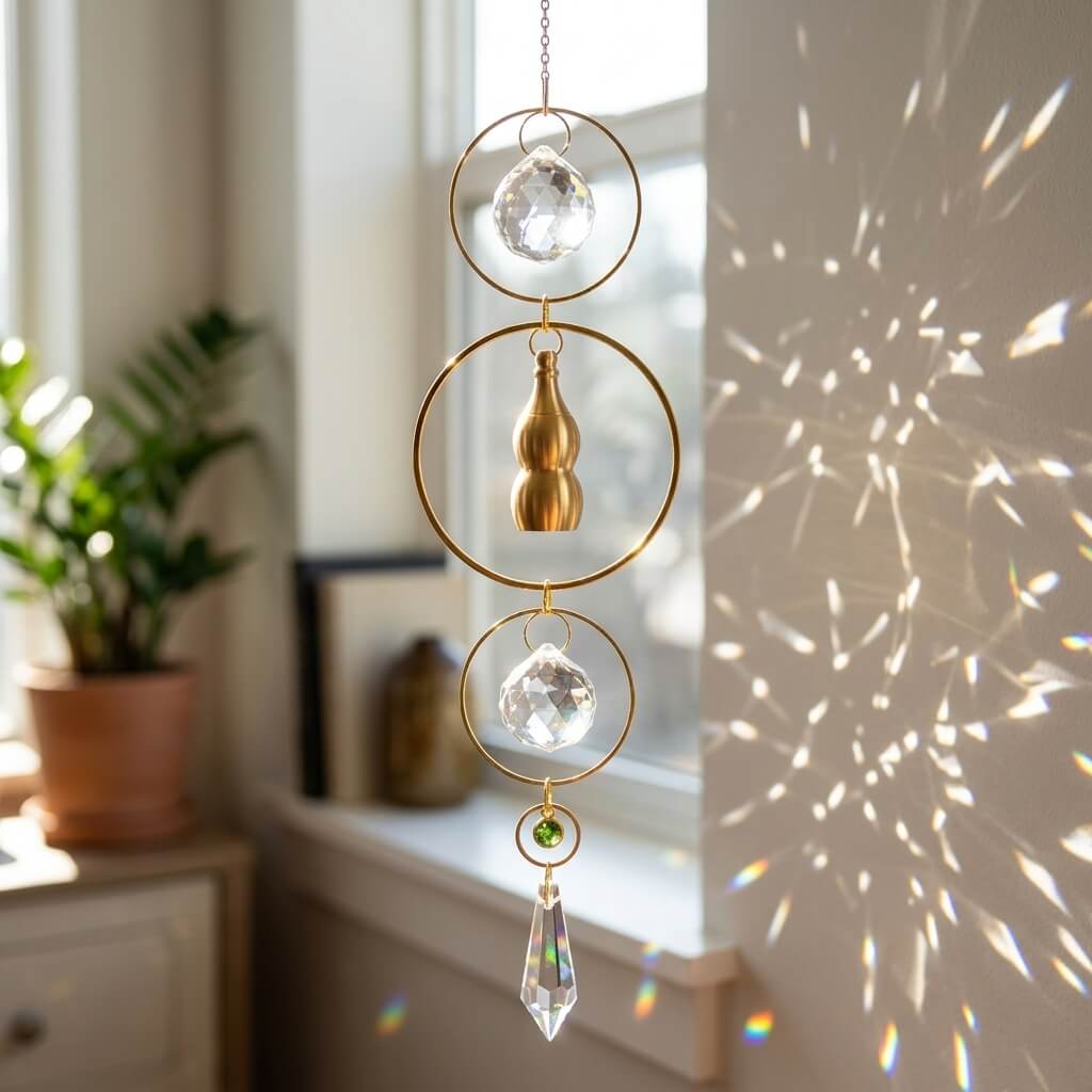 Decorative hanging crystal with gold accents casting shadows on a wall