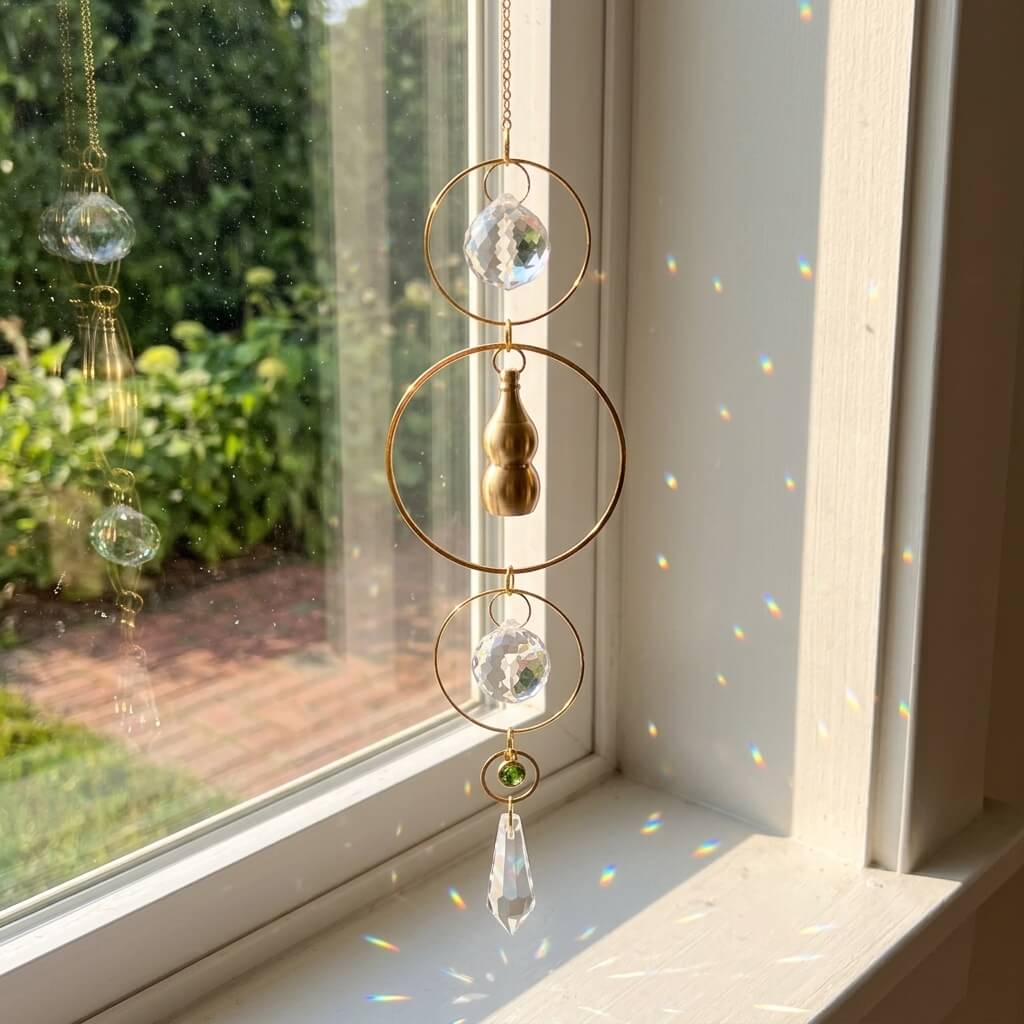 Decorative hanging crystal ornament in front of a window with garden view