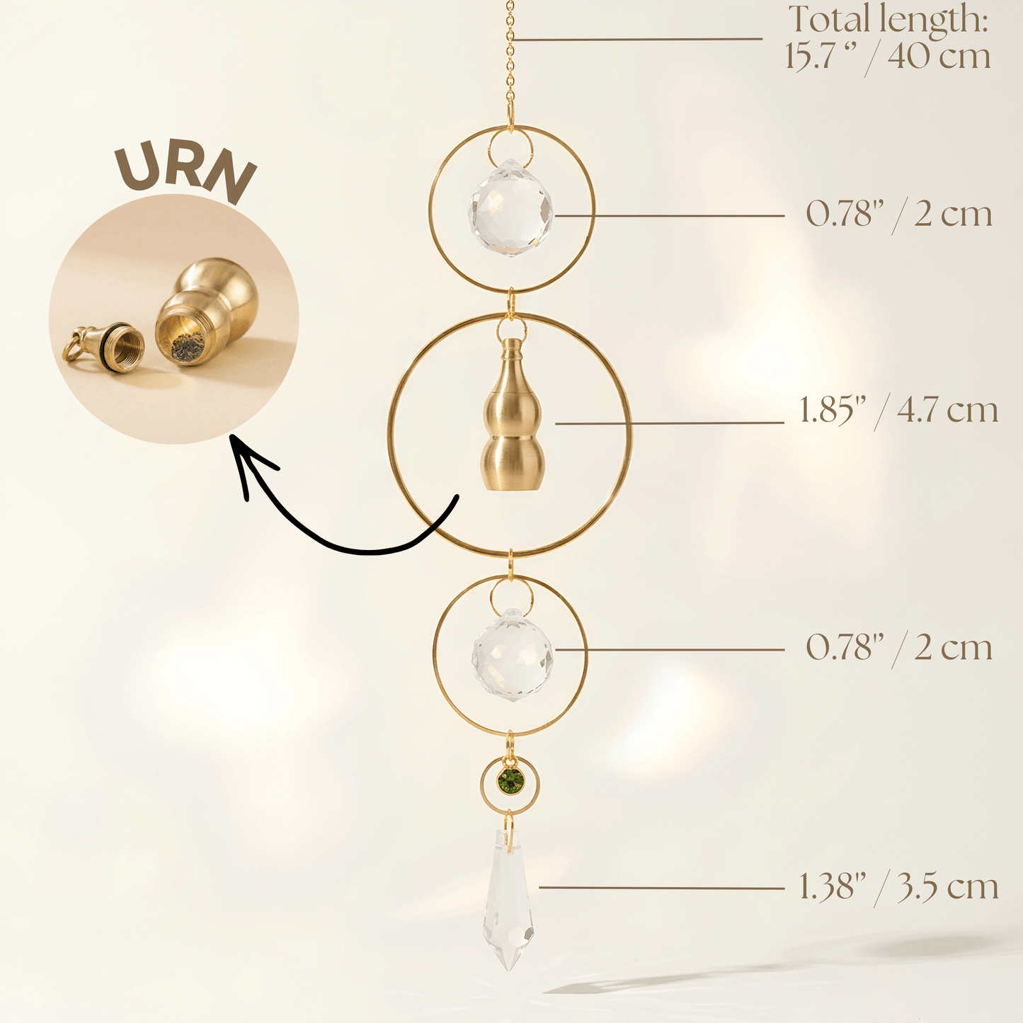 Decorative hanging urn with measurements on a light background