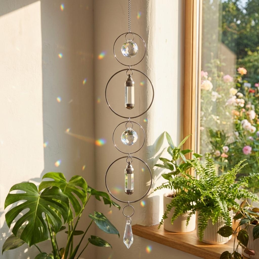 Decorative hanging crystal chime in front of a window with plants