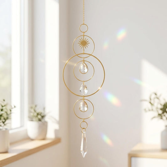 A gold-toned metal suncatcher with circular rings, a sunburst motif, and clear hanging crystal drops, suspended in a bright room near a window with soft rainbow light leaks.