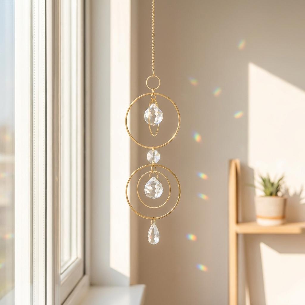 Decorative hanging crystal with gold chain in a bright room with a window.