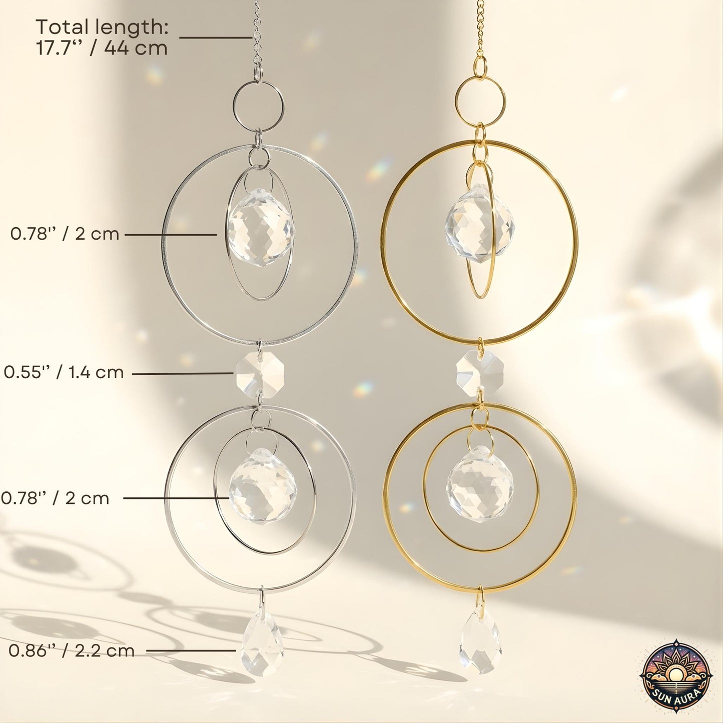 Decorative hanging with crystal elements and measurements on a neutral background