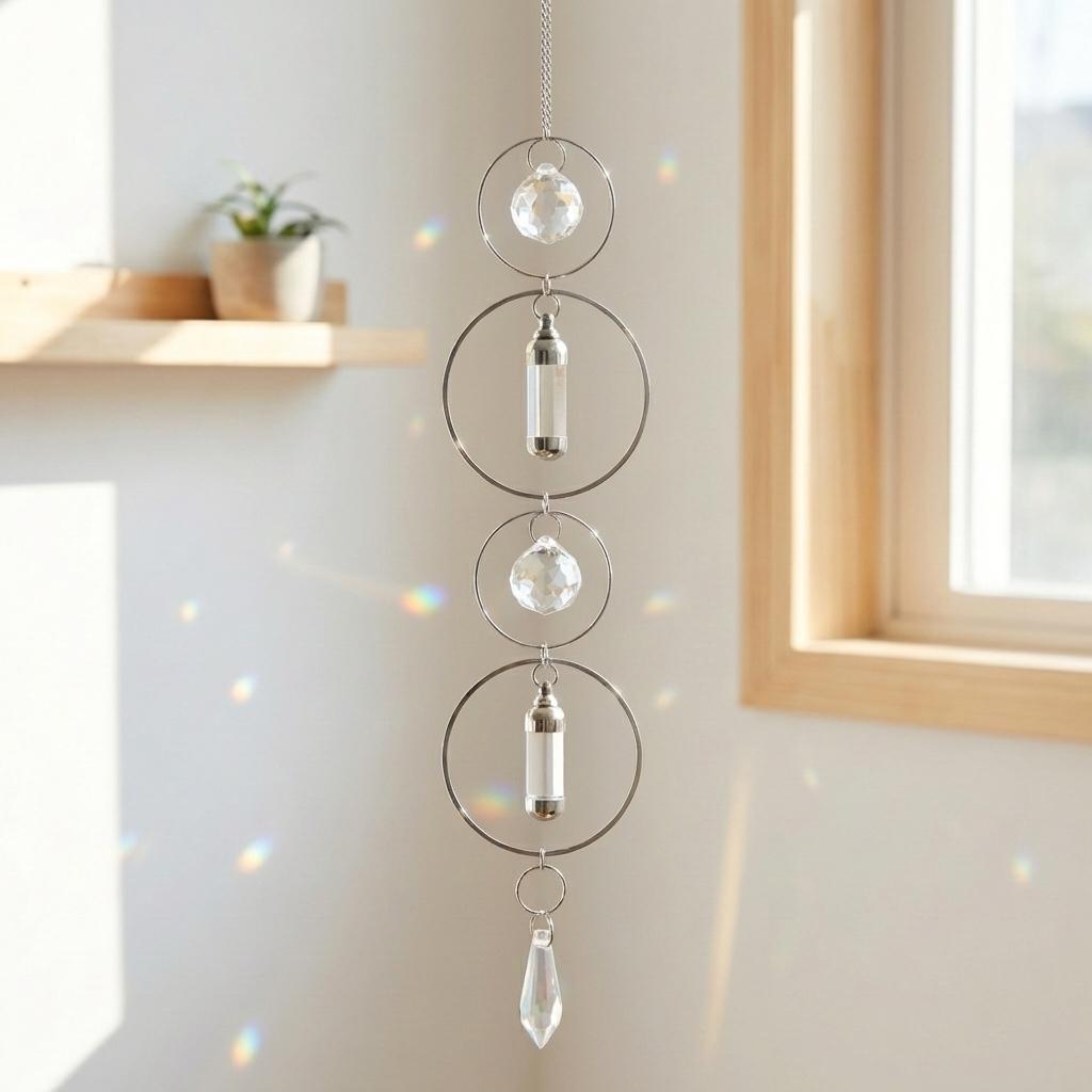 Crystal hanging decor with circular designs and clear beads in a room with a window.