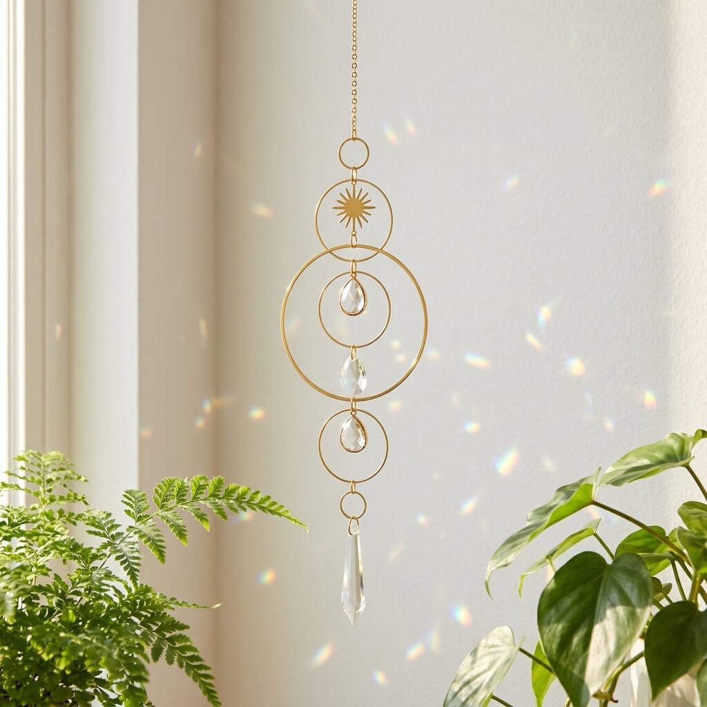 A gold-toned metal suncatcher with clear glass teardrop charms hangs in a sunlit room near a window, with green plants visible at the bottom left and right and rainbow light reflections on the wall.