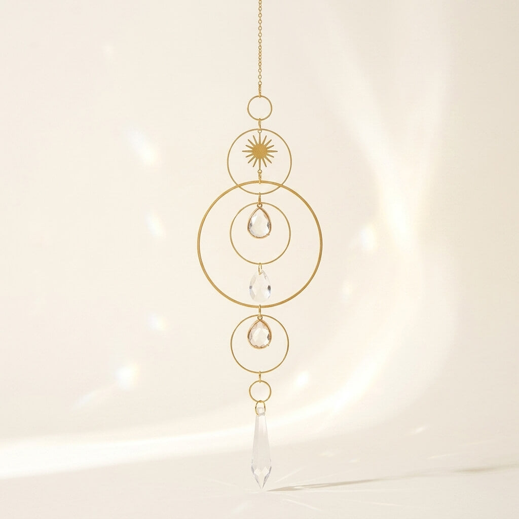 A gold-toned metal suncatcher with concentric rings, a sunburst detail, and clear teardrop and teardrop-shaped crystal prisms, hanging against a warm, softly lit cream background.