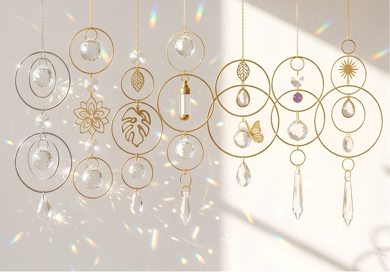 A set of gold and clear acrylic hanging light diffusers with circular rings, leaf and sunburst cutouts, and teardrop crystal prisms, suspended against a warm beige wall with sunlight and rainbow light leaks.
