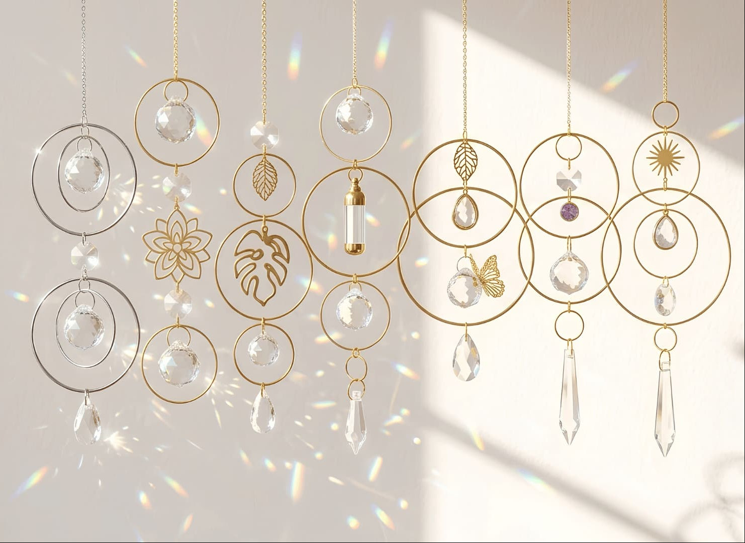 A set of gold-toned hanging decorative chandeliers with clear glass beads, teardrop prisms, and floral and geometric wire details, shown against a warm beige wall with sunlight and lens flare effects.