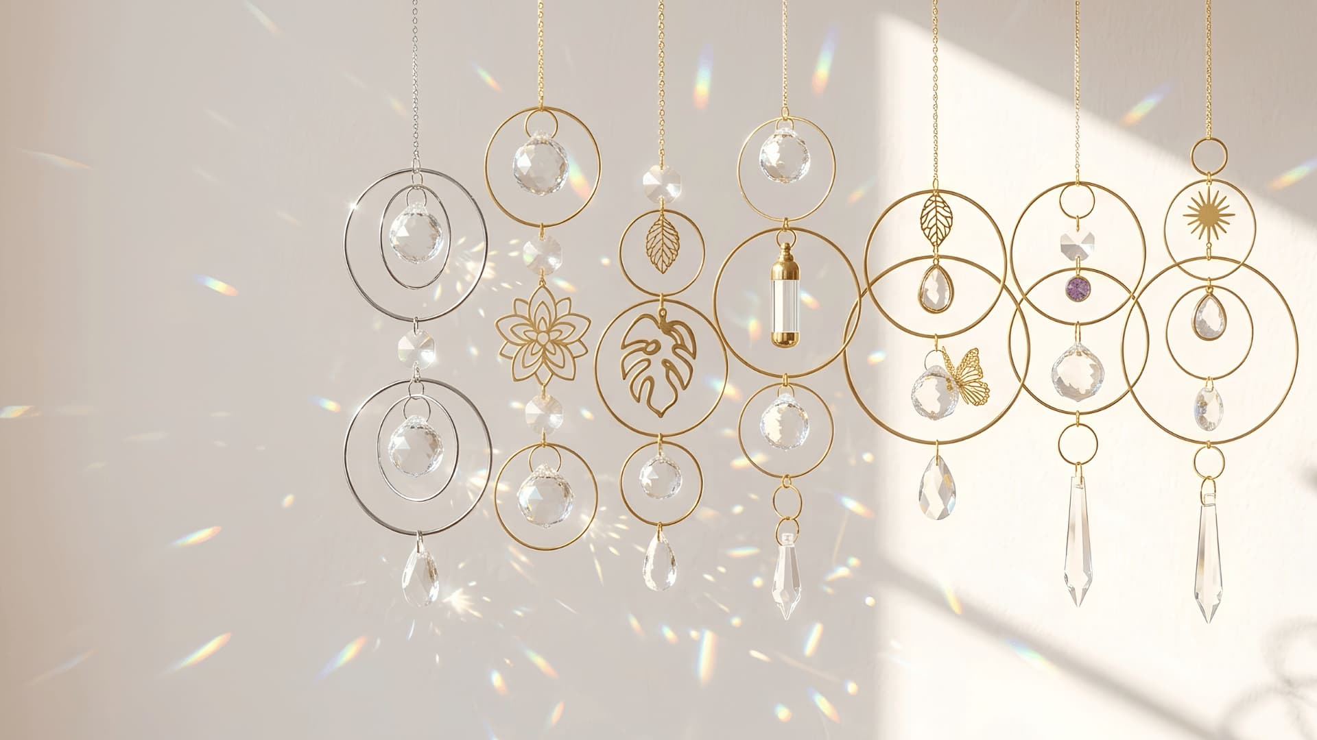 A set of gold-toned hanging decorative chandeliers with clear glass beads, teardrop prisms, and floral and geometric wire details, shown against a warm beige wall with sunlight and lens flare effects.