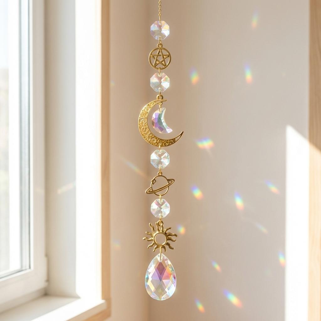 Decorative hanging crystal with celestial designs in a bright room.