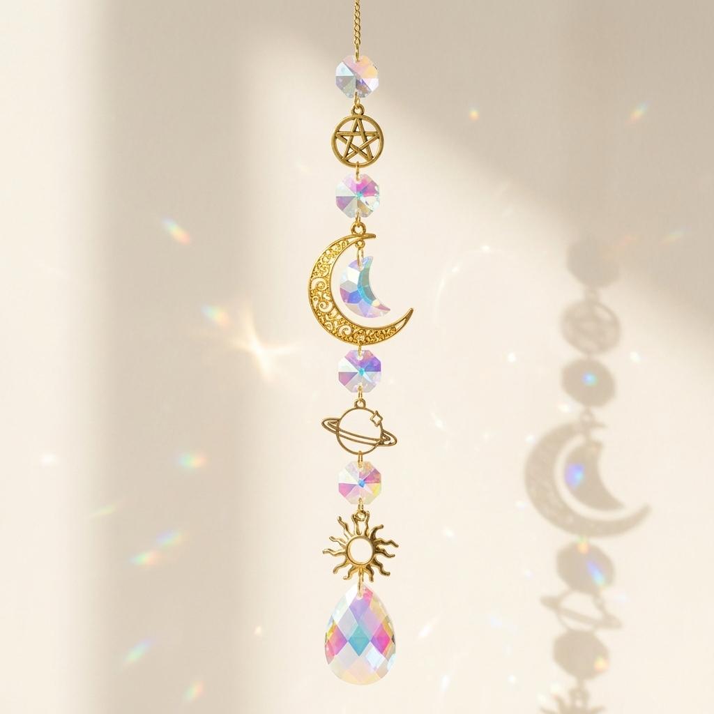 Decorative hanging crystal with celestial design on a neutral background
