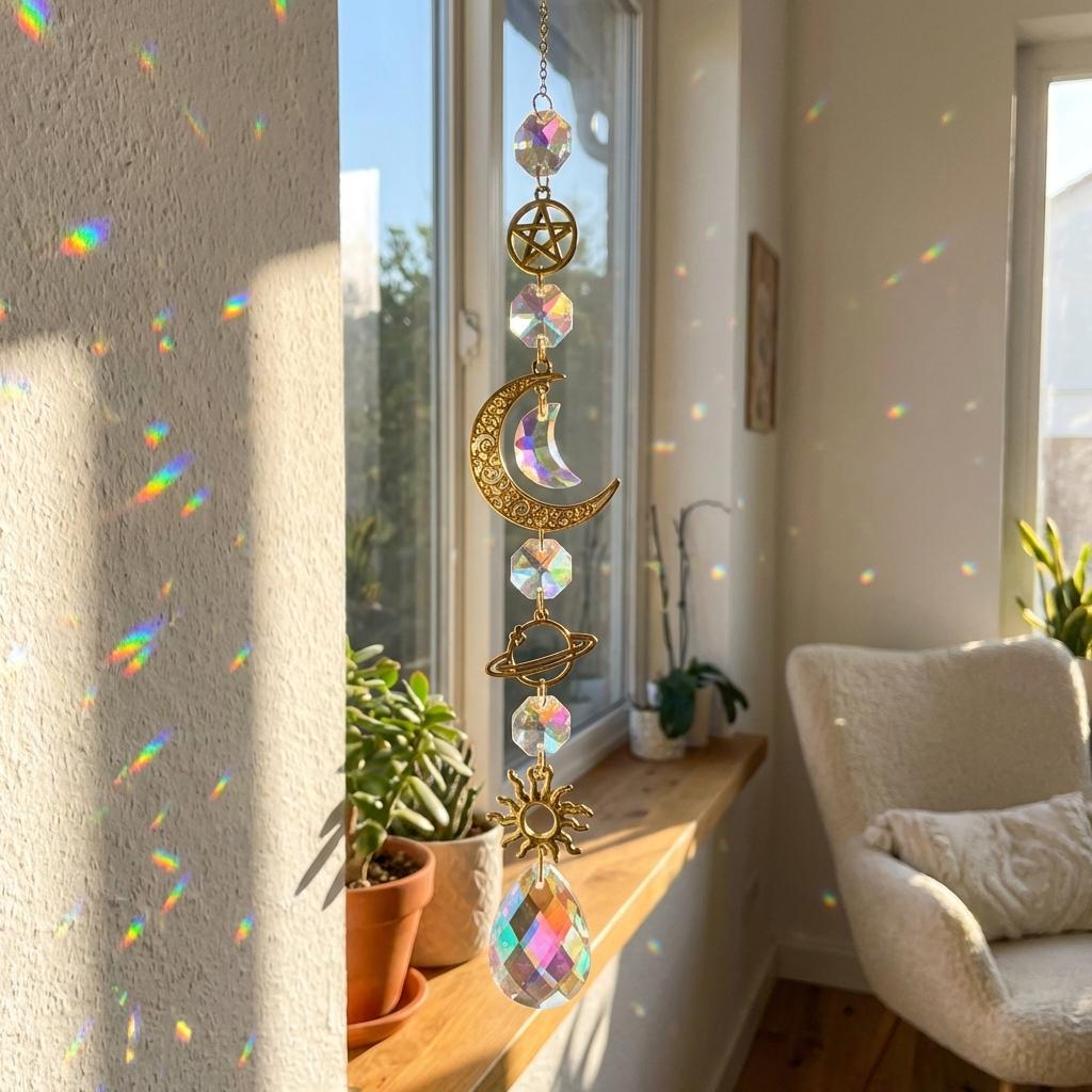 Decorative crystal hanging in a sunlit room with plants and a chair.