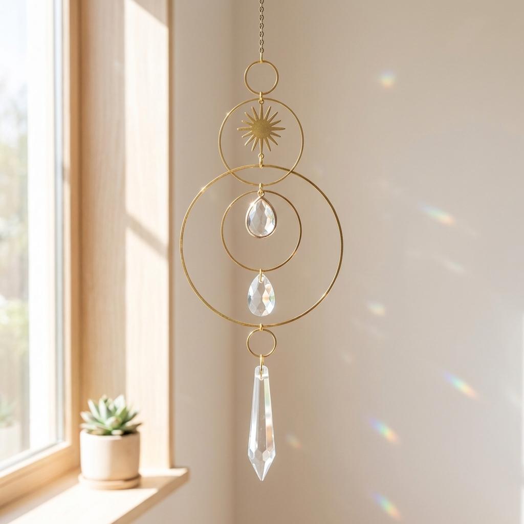 Decorative hanging crystal with gold circular design on a light wall.