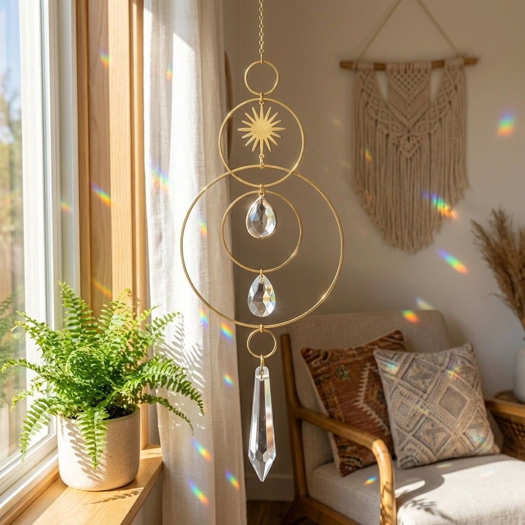 Decorative hanging crystal in a sunlit room with a plant and macrame wall art.