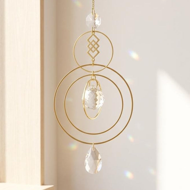 Decorative hanging crystal with gold frame in a bright room