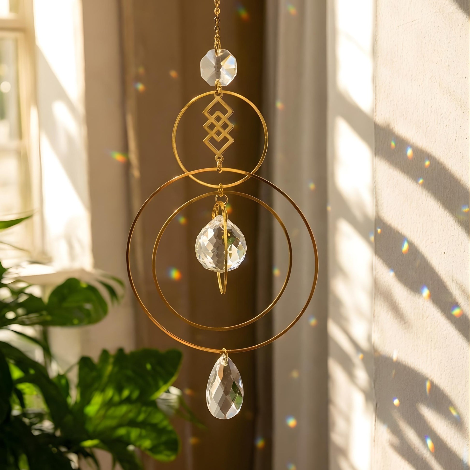 Decorative hanging crystal with gold loops in front of a window with sunlight filtering through.