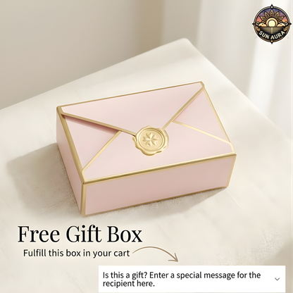 Pink gift box with gold accents on a white surface, featuring the Run Aura brand logo.