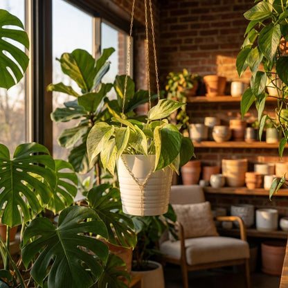 Indoor setting with hanging plants and a shelf displaying various items.